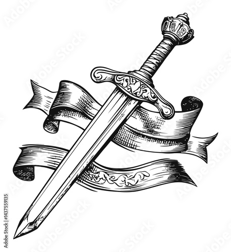 Detailed Engraving of Sword with Ornate Design and Ribbon Banner