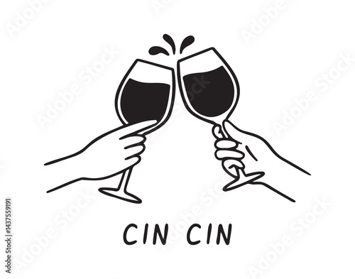 Hands holding wine glasses emblem cin cin lettering doodle hand drawn text.