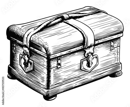 Vintage Engraving of a Decorative Wooden Chest with Strap