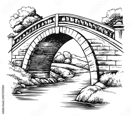 Detailed Black and White Engraving of a Scenic Bridge Over Water