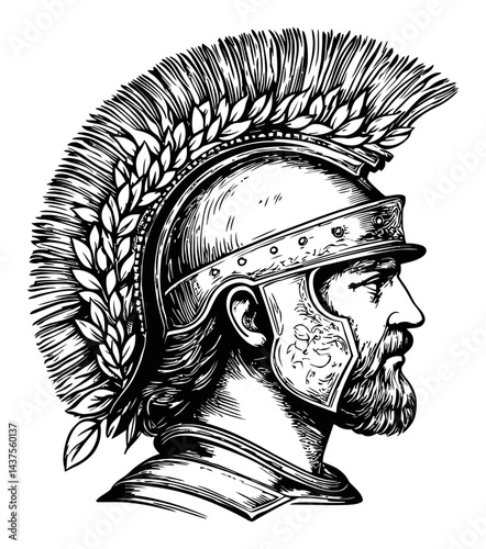 Engraving of a Classical Roman Soldier with Decorative Helmet