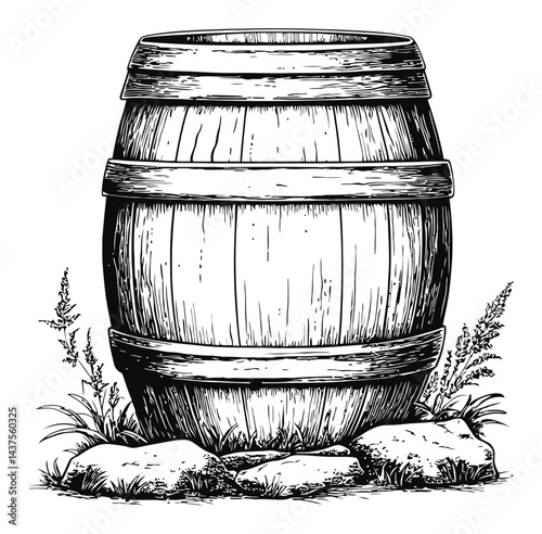 Vintage Wooden Barrel Engraving with Grass and Rocks Illustration