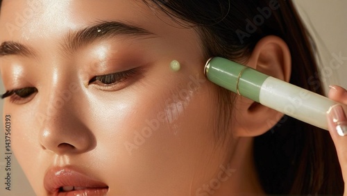 Woman applying facial serum, skincare routine, close-up, soft light, beauty