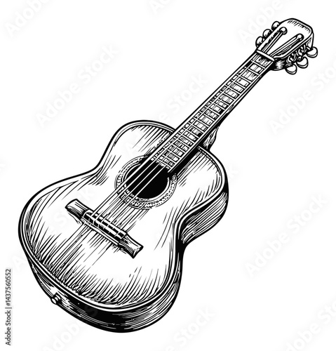 Detailed Engraving of Acoustic Guitar in Black and White Illustration