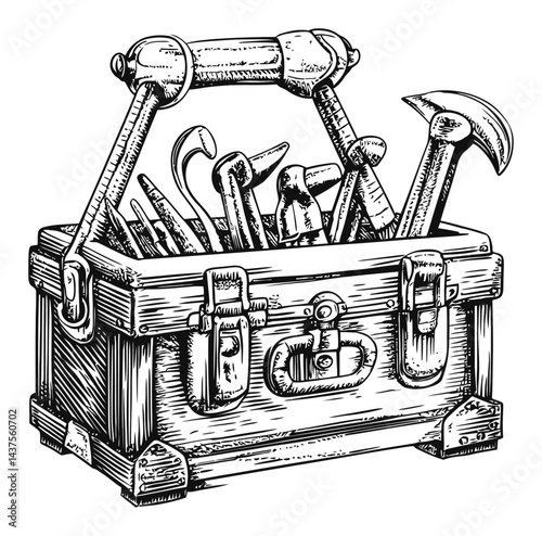 Vintage Engraving of a Toolbox with Various Tools Inside