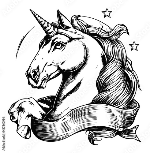 Detailed Unicorn Engraving with Flowing Mane and Stars