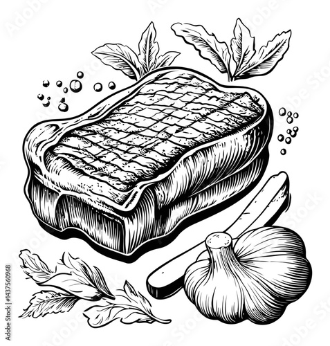 Detailed Engraving of Beef Steak with Garlic and Green Herbs