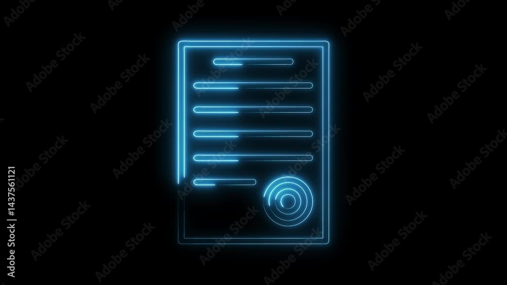 Neon document icon animation contract agreement file legal compliance blueprint design futuristic technology business concept loop