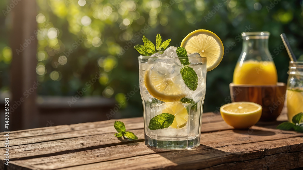 Fototapeta premium Refreshing citrus drink outdoors on a rustic table