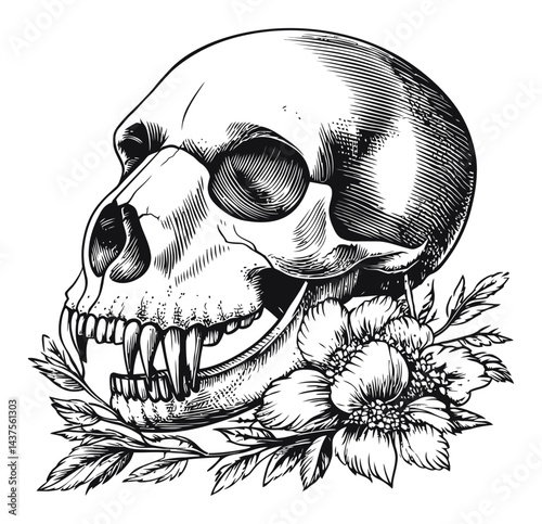 Intricate Skull Engraving with Floral Elements in Black and White