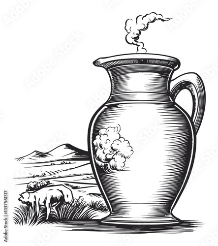 Vintage Engraving of a Jug with Smoke and Scenic Landscape Elements