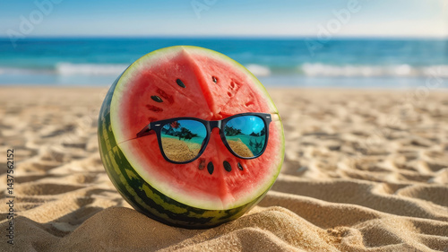 Watermelon wears shades on sandy beach