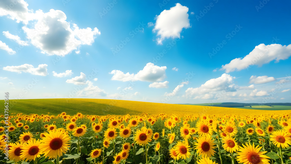 Fototapeta premium Serene Rolling Meadow of Sunflowers Under a Bright Blue Sky