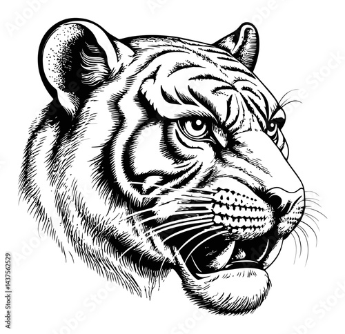 Detailed Black and White Engraving of a Fierce Tiger Head