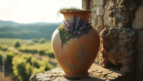 Weathered terracotta amphora filled with moss and lavender on a stone windowsill overlooking Tuscany.