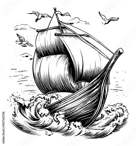 Detailed Engraving of a Sailing Ship on Turbulent Waves