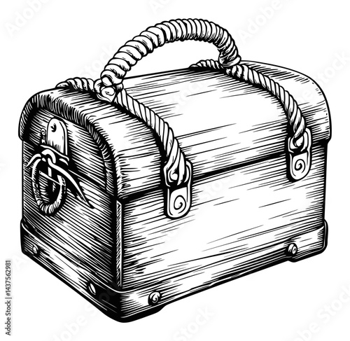 Detailed Engraving of a Vintage Wooden Treasure Chest Design
