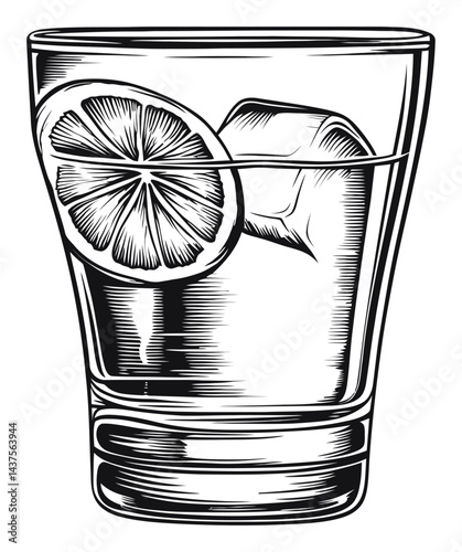 Hand-Drawn Engraving of Cocktail Glass with Lemon Slice and Ice