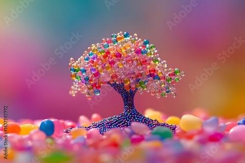 A tree made of glass beads, in vibrant and colorful colors, close-up, in a fantasy style.