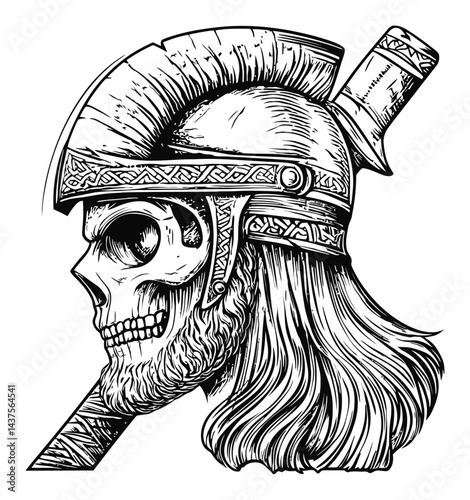 Detailed Engraving of a Warrior Skull with Helmet and Sword Design