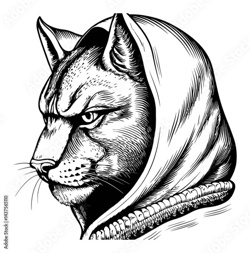 Detailed Cat Illustration with Hooded Garment in Engraving Style