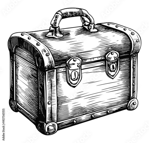 Detailed Engraved Illustration of a Vintage Wooden Treasure Chest