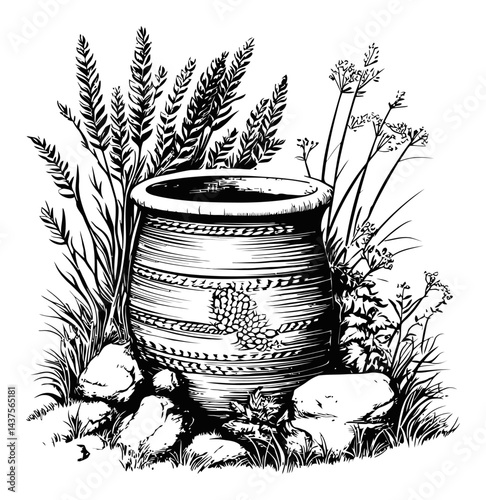 Detailed Engraving of an Earthenware Pot Surrounded by Grass
