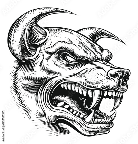 Fierce Engraved Illustration of a Growling Dog Head with Horns