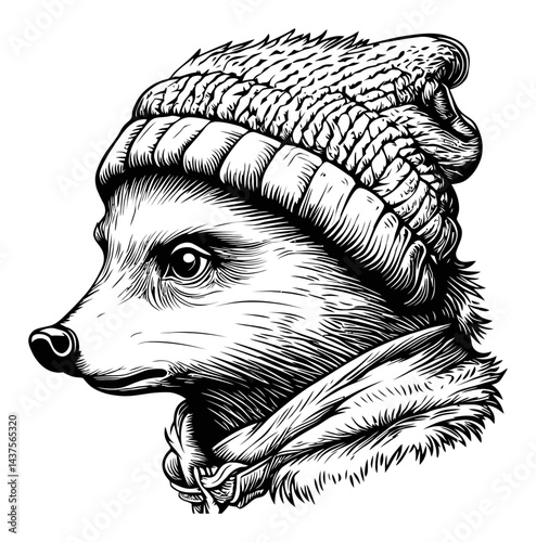 Detailed Illustration of a Bear Wearing a Knitted Hat and Scarf