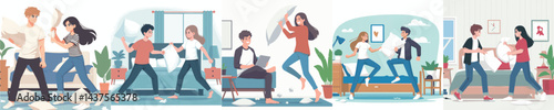Vector set illustrating young couples arguing, fighting, or experiencing conflict and relationship problems at home.
