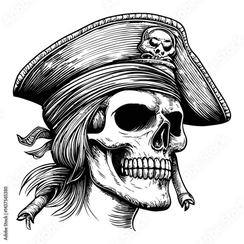 Detailed Pirate Skull Engraving with Hat and Bandana Illustration