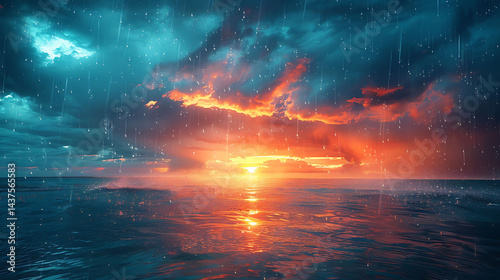 Ocean Sunset In Heavy Rain, Dramatic Landscape, Perfect For Nature Background
