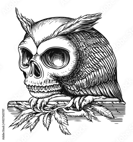Intricate Engraving of a Skull Owl with Detailed Feather Texture