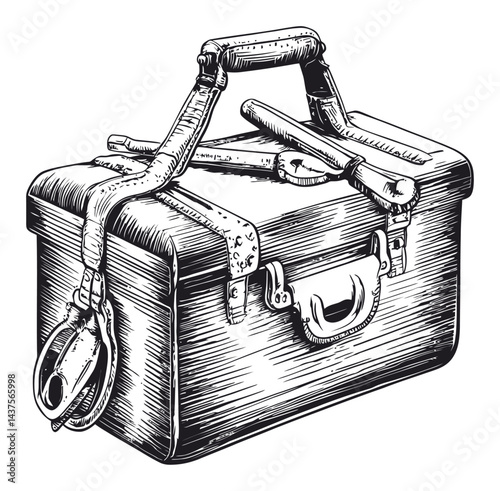 Vintage Engraving of Tool Box with Tools on Leather Strap