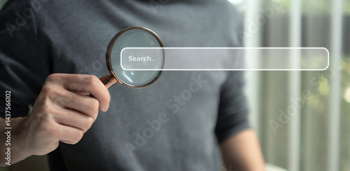 Search data and SEO technology, Hand holding magnifying glass searching for information on the website. Online networking system, Using Search Console with website