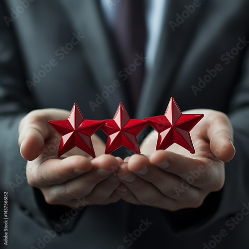 Three red stars held carefully in hands, symbolizing high quality or achievement