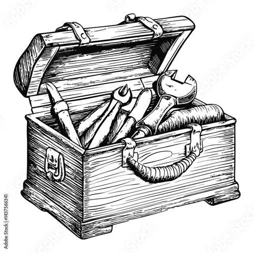Vintage Engraved Toolbox with Various Hand Tools Inside