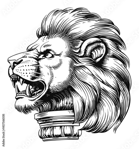 Detailed Engraving of a Roaring Lion in Black and White Illustration