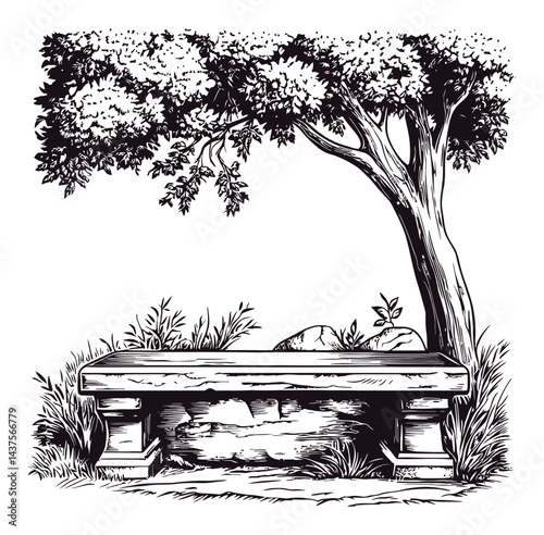 Serene Engraving of a Stone Bench Beneath a Leafy Tree Canopy