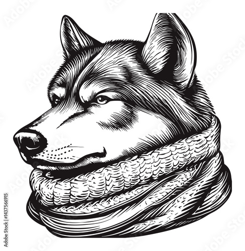 Detailed Engraving Illustration of a Wolf Wearing a Scarf