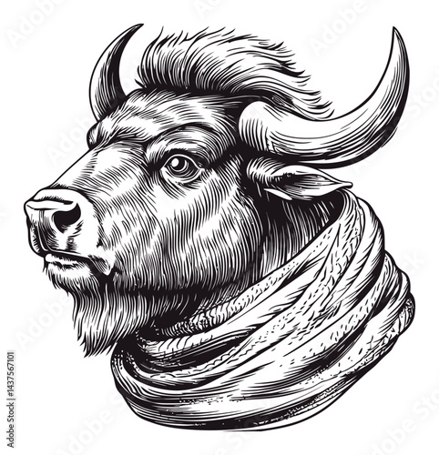 Detailed Engraving of a Bull Head with Draped Rope Illustration