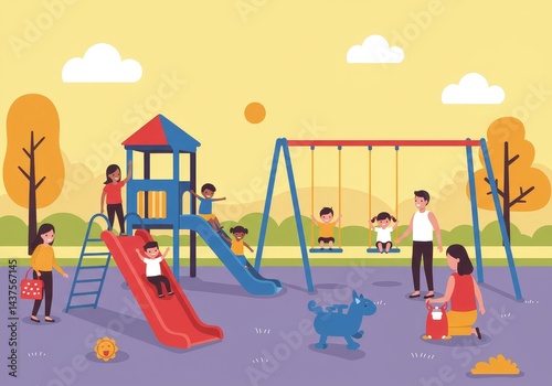Joyful kids playground fun sunny day happy families playing together amazing time