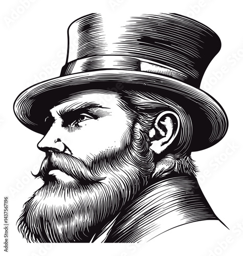 Vintage Male Figure Portrait with Top Hat and Beard Engraving