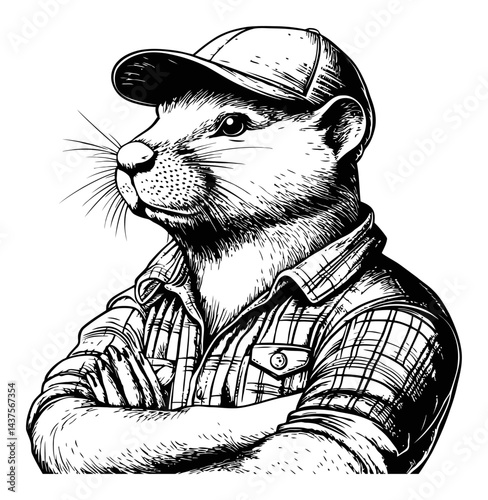 Detailed Illustration of a Confident Beaver in a Cap and Plaid Shirt