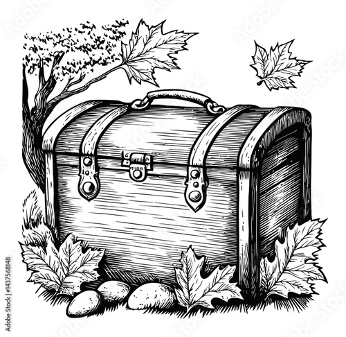 Vintage Engraving of a Treasure Chest Surrounded by Nature Elements
