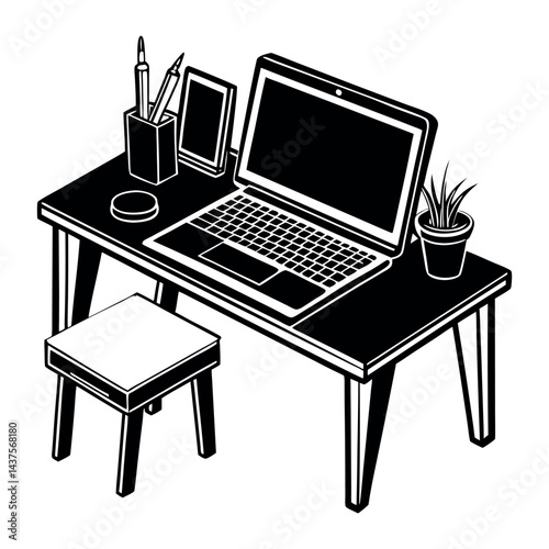 A portable laptop computer with a technology screen and keyboard is on an office desk, a concept for business work and internet communication