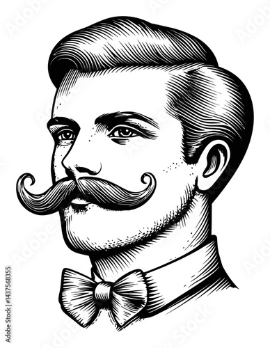 Vintage Engraving of a Distinguished Man with Mustache and Bow Tie