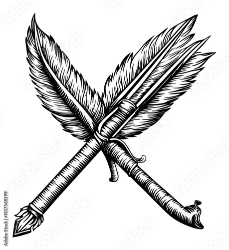 Intricate Engraving of Quill and Pen with Feathers Design