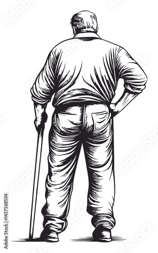 Detailed Engraving of an Older Man Standing with a Cane