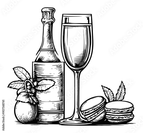 Elegant Engraving of Champagne Bottle and Glass with Macarons